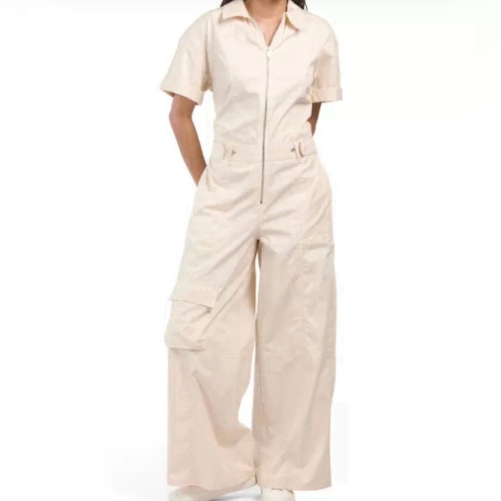 Women’s Wide Leg Relaxed Fit Zip Up Zara Cargo Cotton Cream Jumpsuit